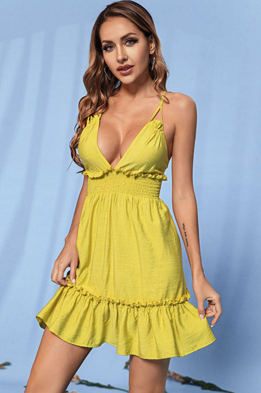 Double Crazy Frill Trim Smocked Waist Crisscross Plunge Dress-TOPS / DRESSES-[Adult]-[Female]-Yellow-S-Blue Zone Planet
