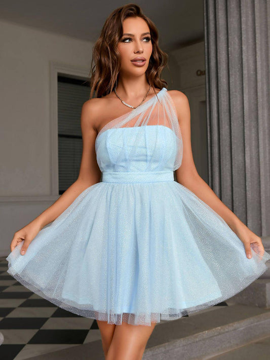 Double Crazy Glitter One-Shoulder Tulle Mini Dress BLUE ZONE PLANET