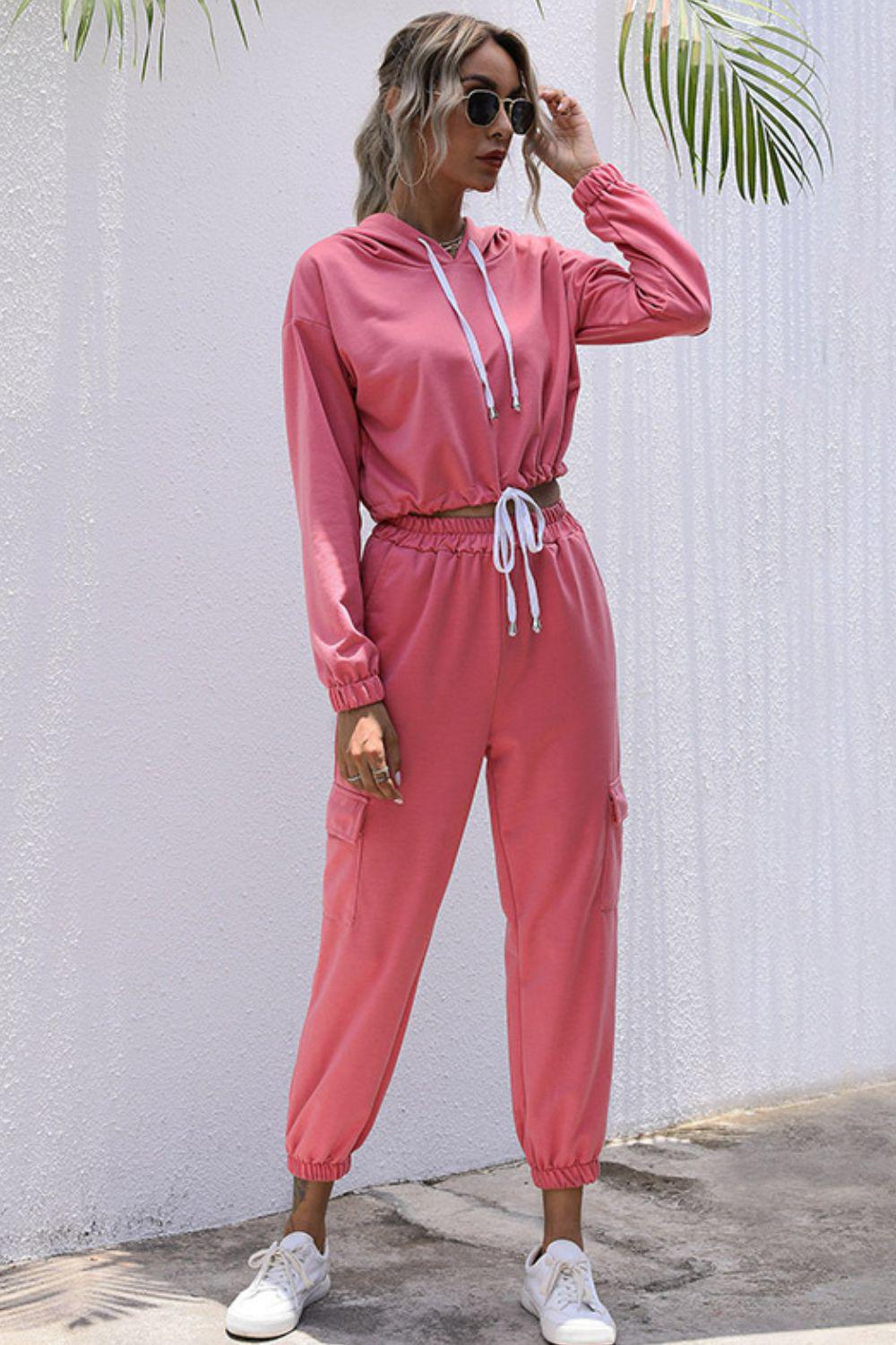 Drawstring Hem Cropped Hoodie and Cargo Joggers Set-TOPS / DRESSES-[Adult]-[Female]-Hot Pink-S-2022 Online Blue Zone Planet