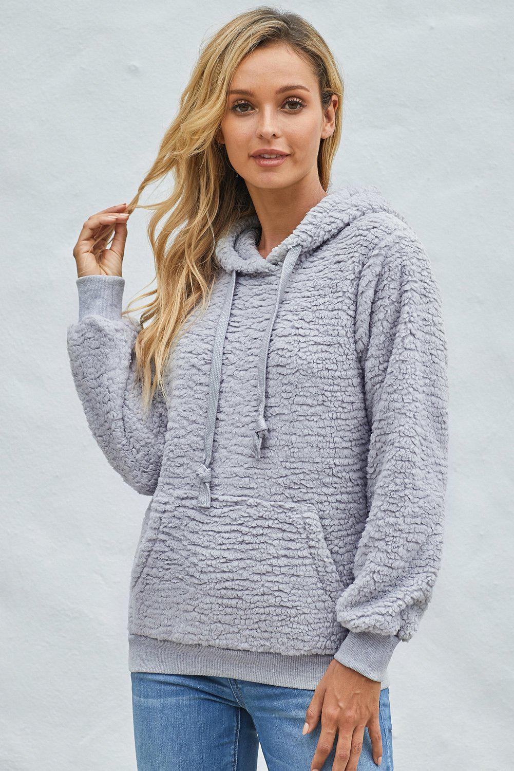 Drawstring Sherpa Hoodie with Pocket-TOPS / DRESSES-[Adult]-[Female]-Blue Zone Planet