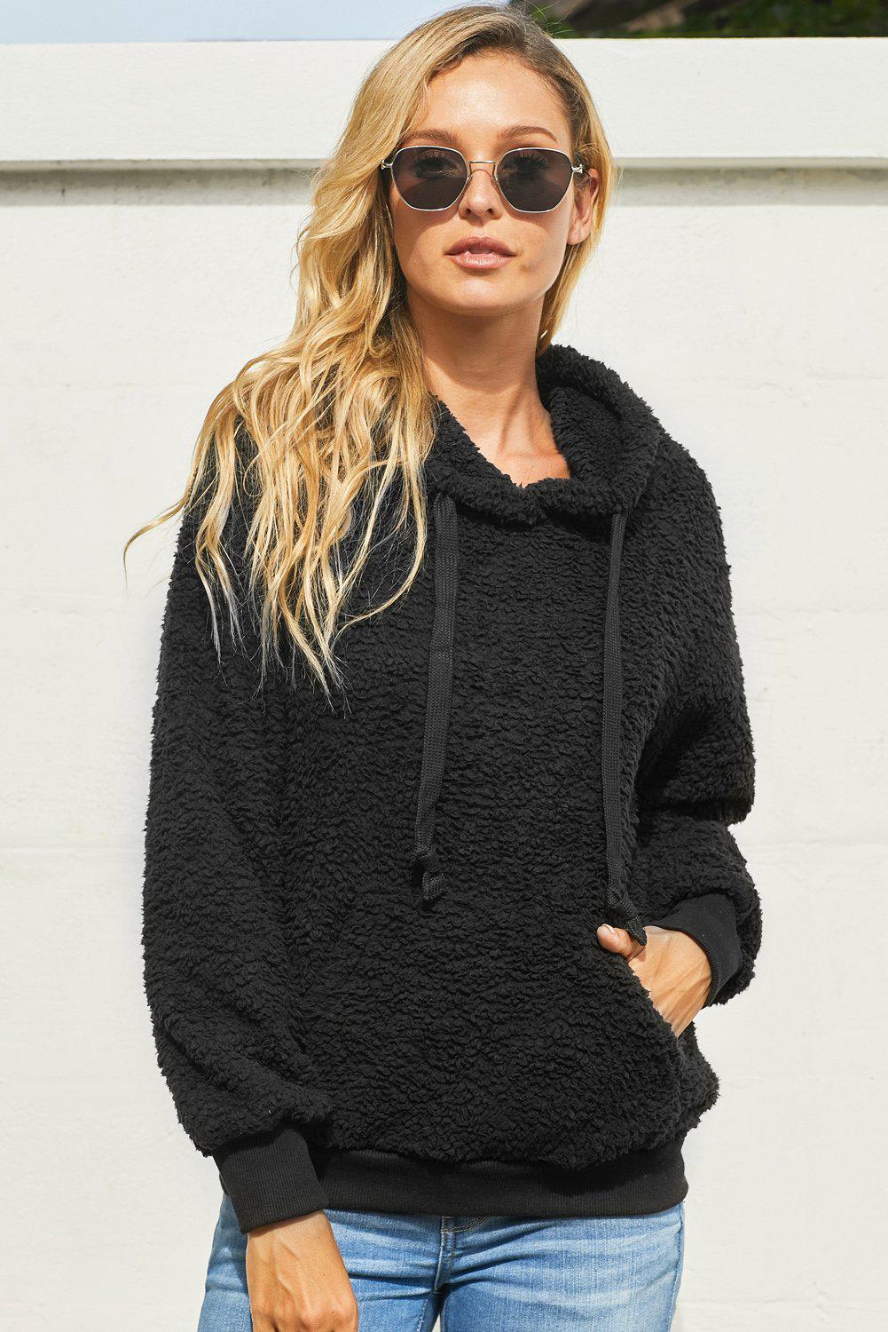 Drawstring Sherpa Hoodie with Pocket-TOPS / DRESSES-[Adult]-[Female]-Black-S-Blue Zone Planet