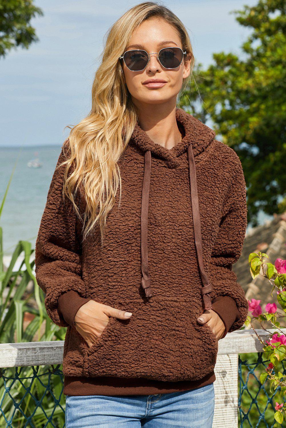 Drawstring Sherpa Hoodie with Pocket-TOPS / DRESSES-[Adult]-[Female]-Brown-S-Blue Zone Planet