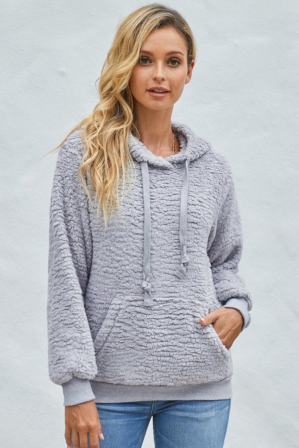 Drawstring Sherpa Hoodie with Pocket-TOPS / DRESSES-[Adult]-[Female]-Gray-S-Blue Zone Planet