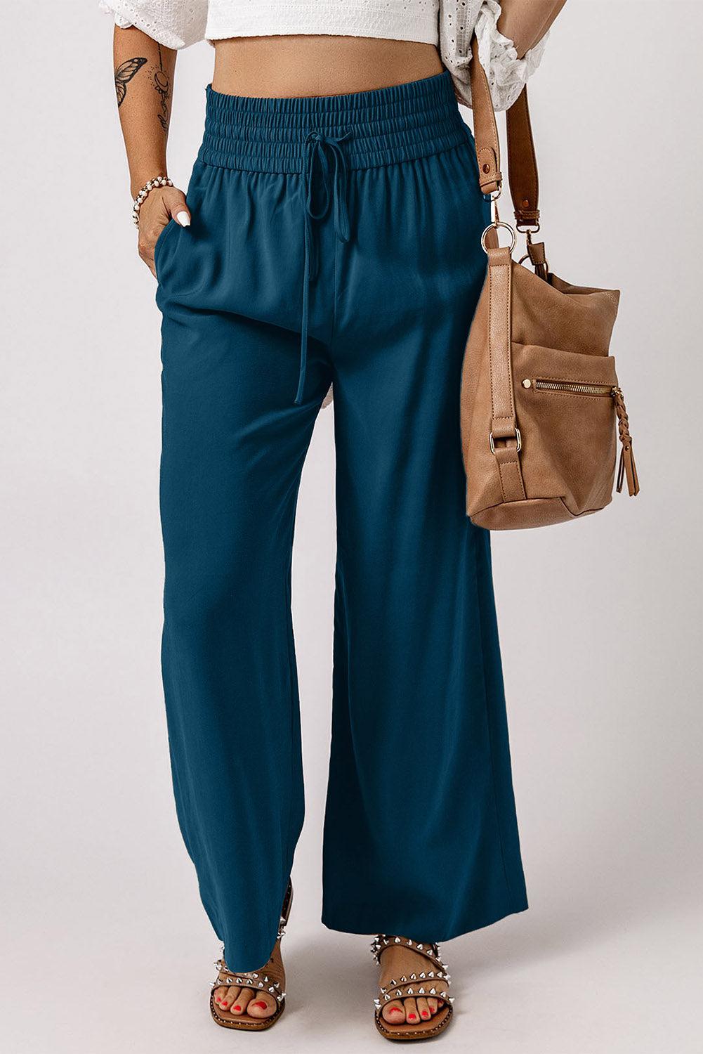 Drawstring Smocked Waist Wide Leg Pants BLUE ZONE PLANET