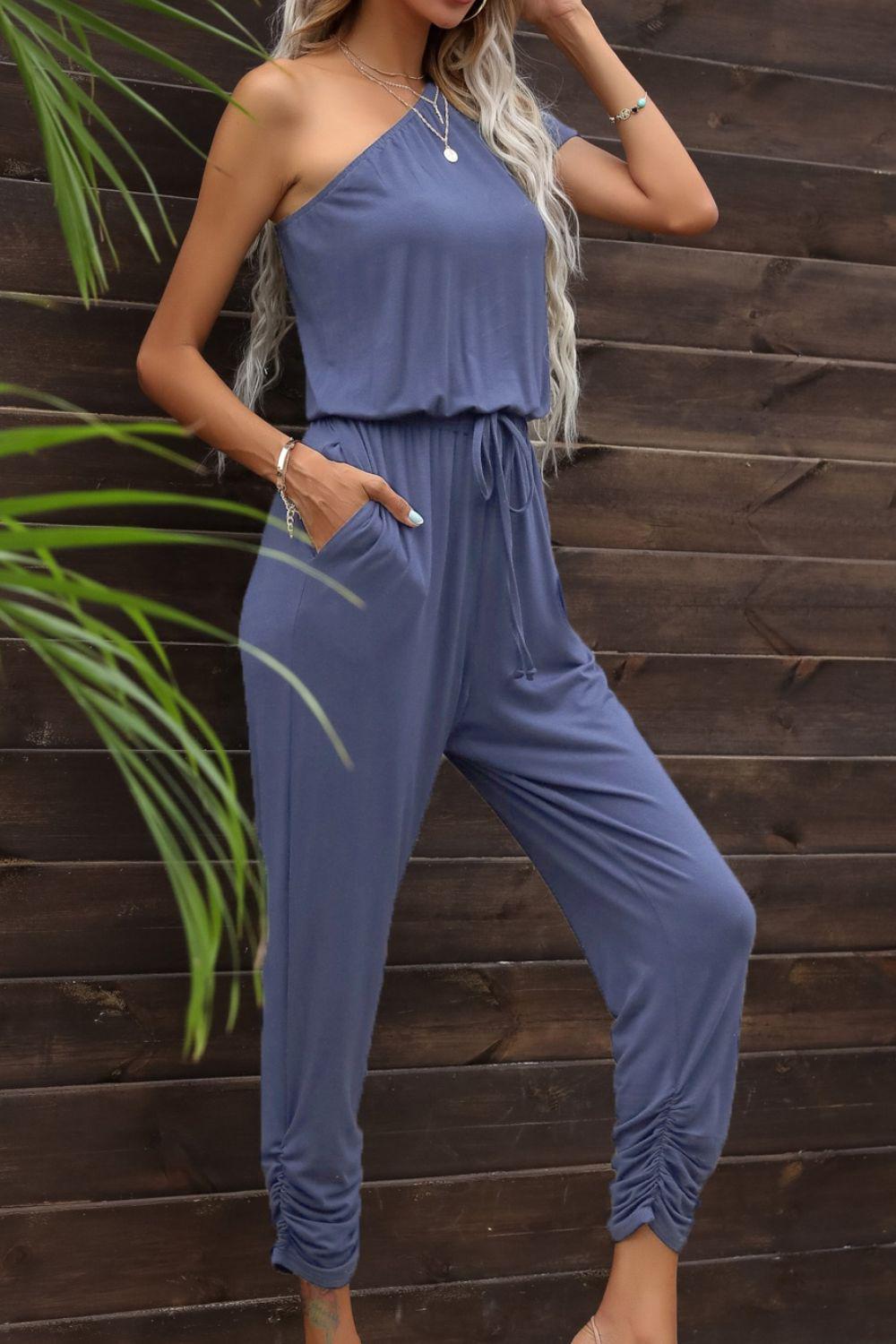 Drawstring Waist One-Shoulder Jumpsuit with Pockets BLUE ZONE PLANET