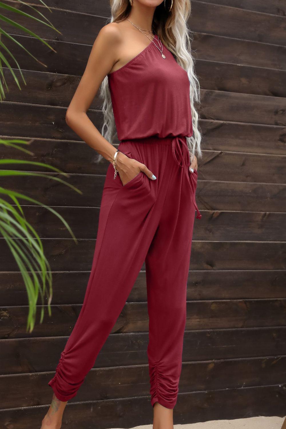 Drawstring Waist One-Shoulder Jumpsuit with Pockets BLUE ZONE PLANET