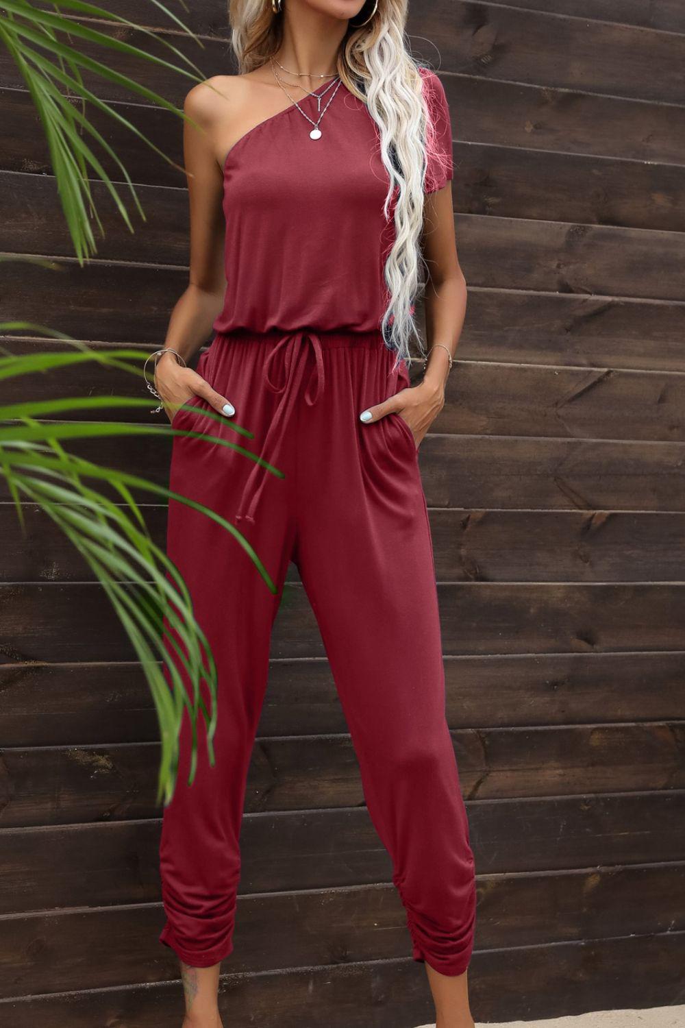 Drawstring Waist One-Shoulder Jumpsuit with Pockets BLUE ZONE PLANET
