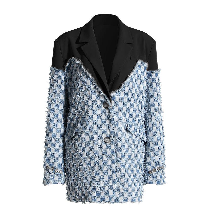 Dream Architect Design Sense Niche Suit Women 2023 Spring New Color Contrast Stitching Plaid Wash Water Do Old Raw Edge Denim Jacket-[Adult]-[Female]-2022 Online Blue Zone Planet