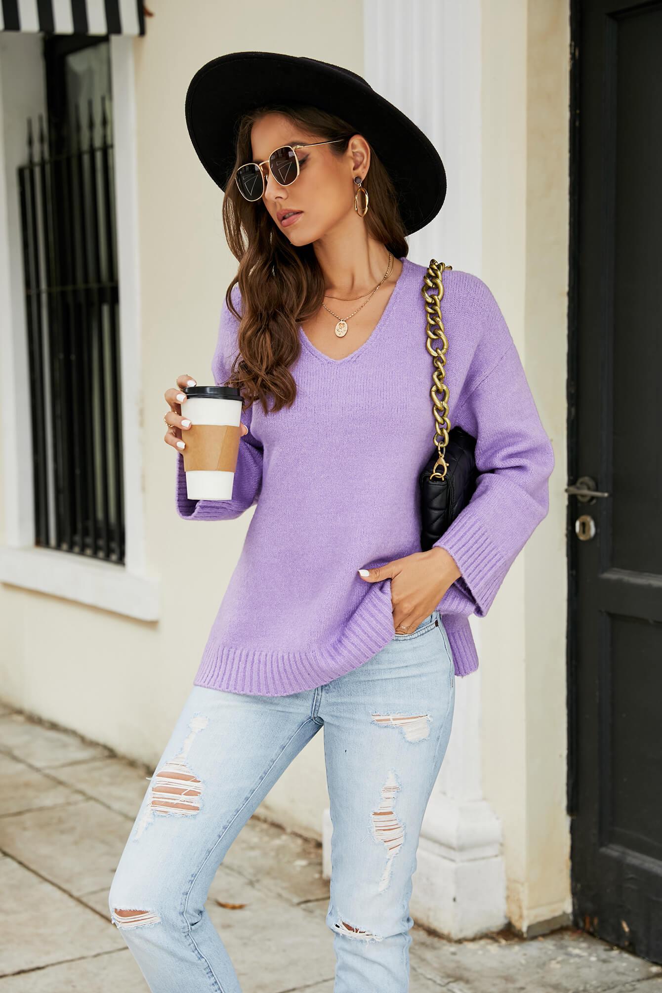 Drop Shoulder V-Neck Knit Pullover BLUE ZONE PLANET