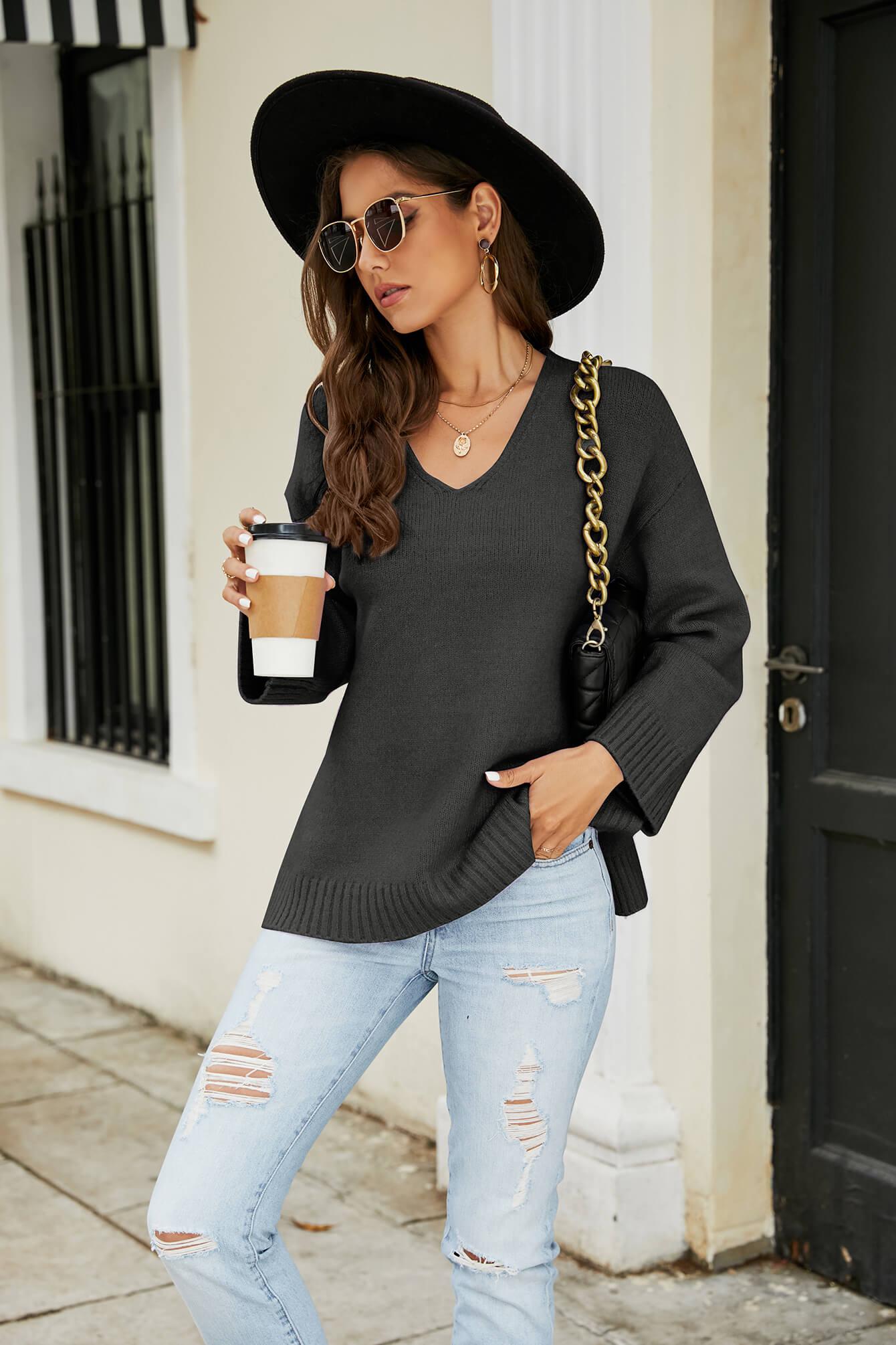 Drop Shoulder V-Neck Knit Pullover BLUE ZONE PLANET