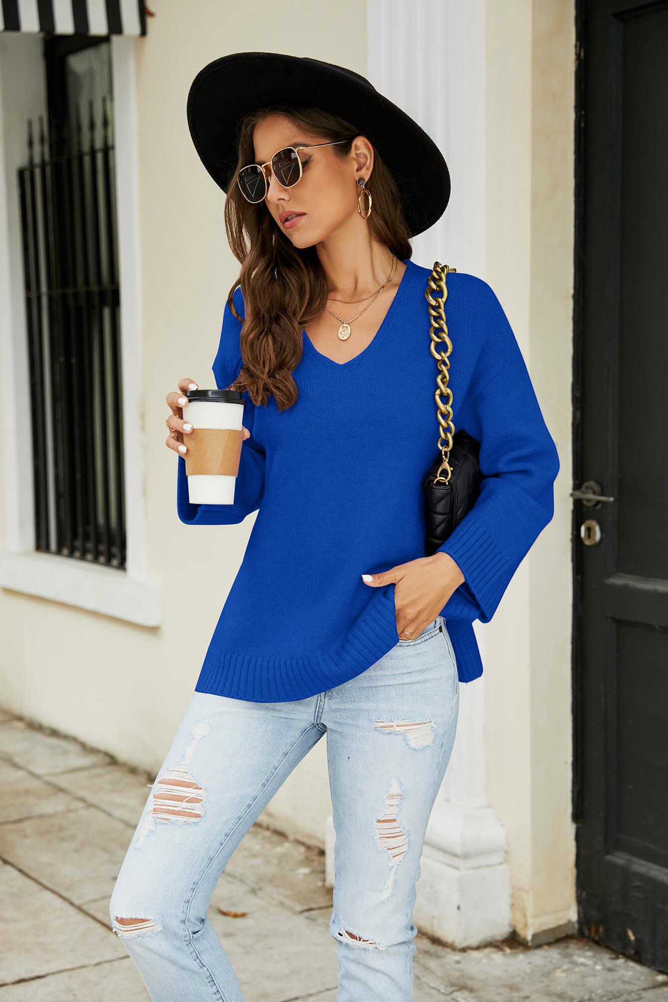 Drop Shoulder V-Neck Knit Pullover BLUE ZONE PLANET