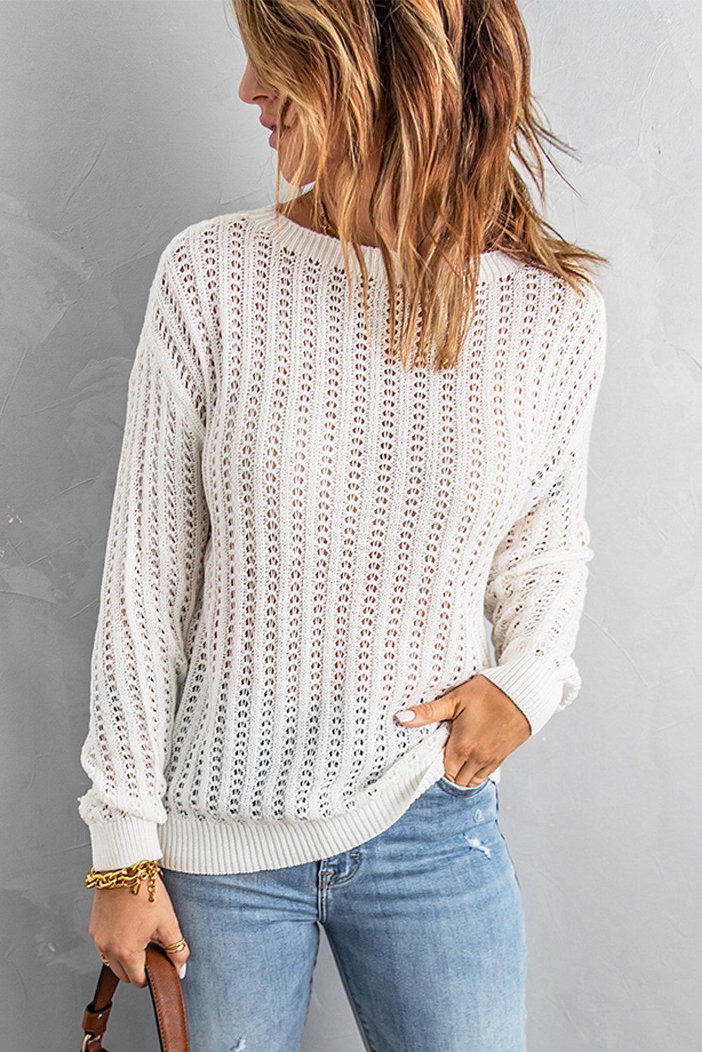 Dropped Shoulder Openwork Sweater-TOPS / DRESSES-[Adult]-[Female]-Blue Zone Planet