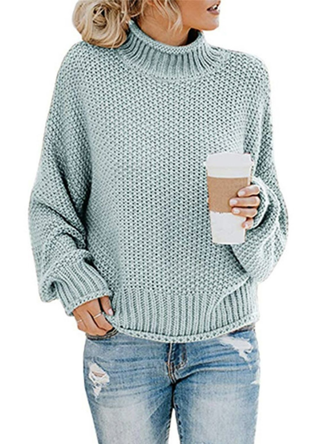 Dropped Shoulder Rolled Hem Sweater-TOPS / DRESSES-[Adult]-[Female]-2022 Online Blue Zone Planet