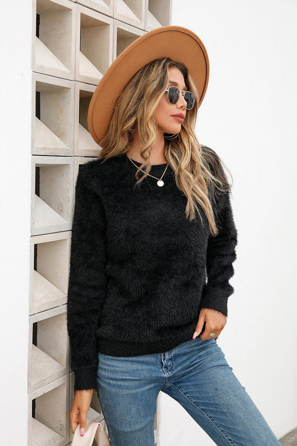 Dropped Shoulder Round Neck Fuzzy Sweater-TOPS / DRESSES-[Adult]-[Female]-Blue Zone Planet