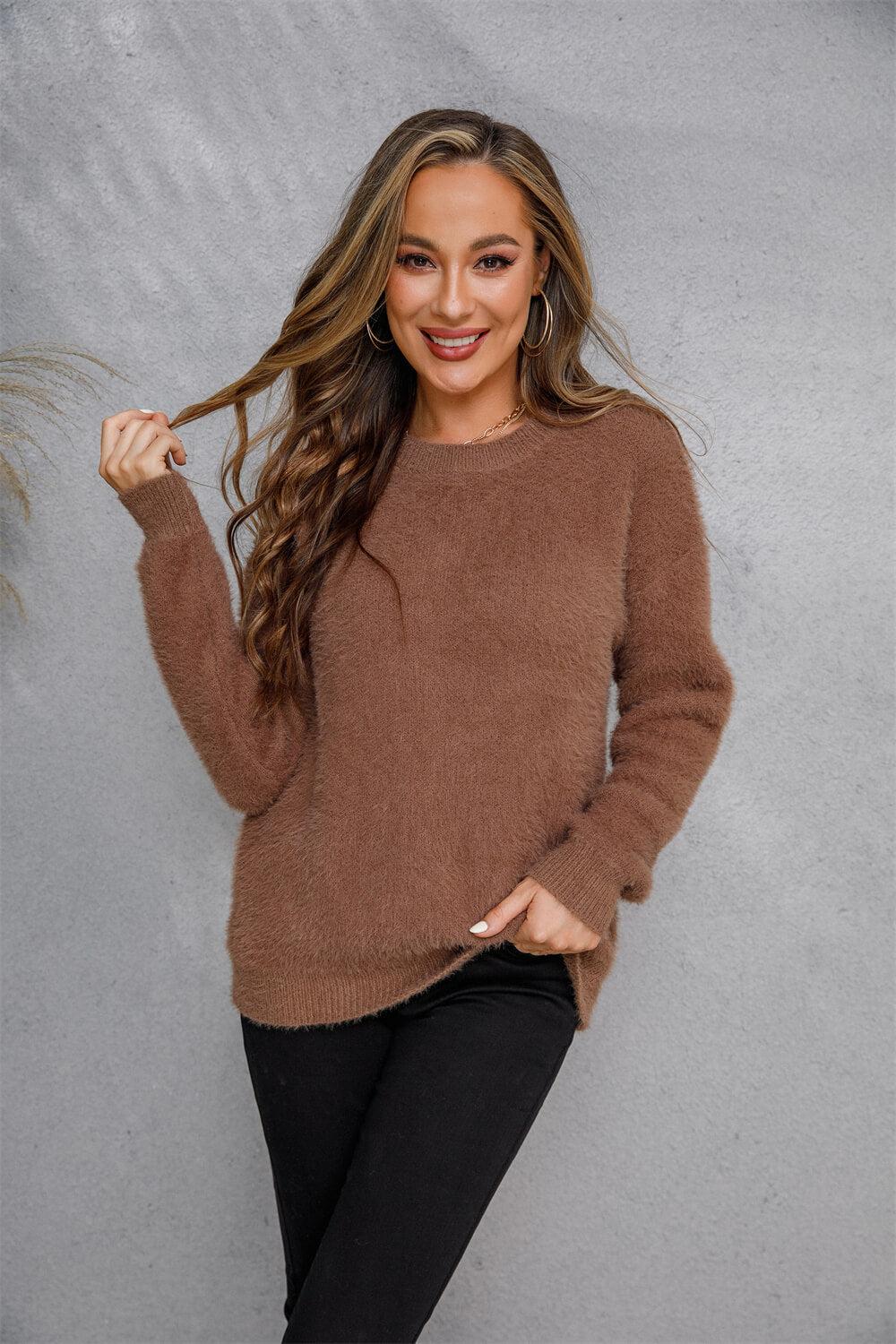 Dropped Shoulder Round Neck Fuzzy Sweater-TOPS / DRESSES-[Adult]-[Female]-Brown-S-Blue Zone Planet