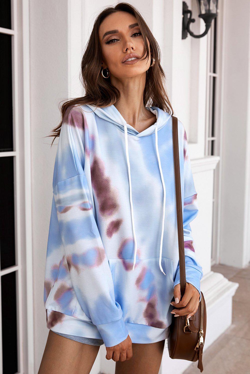 Dropped Sleeve Tie-dye Hoodie with Drawstring BLUE ZONE PLANET