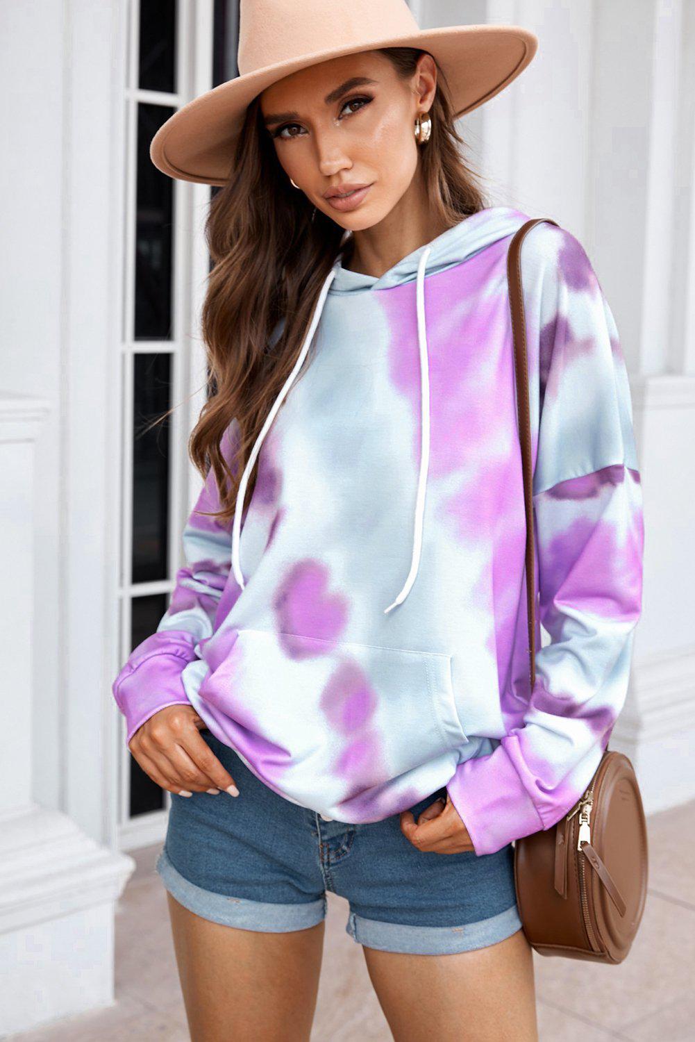 Dropped Sleeve Tie-dye Hoodie with Drawstring BLUE ZONE PLANET