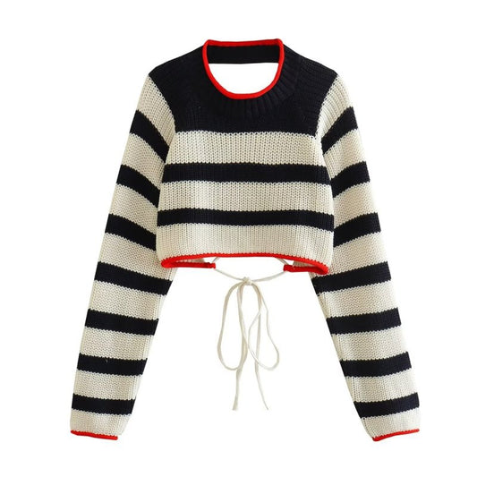 Black and White Striped Backless Knit Bolero Sweater kakaclo