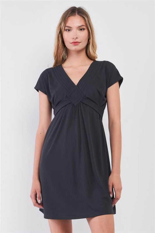 Dusty-navy V-neck Short Sleeve Front Rhombus Detail Back Tie Mini Dress Blue Zone Planet