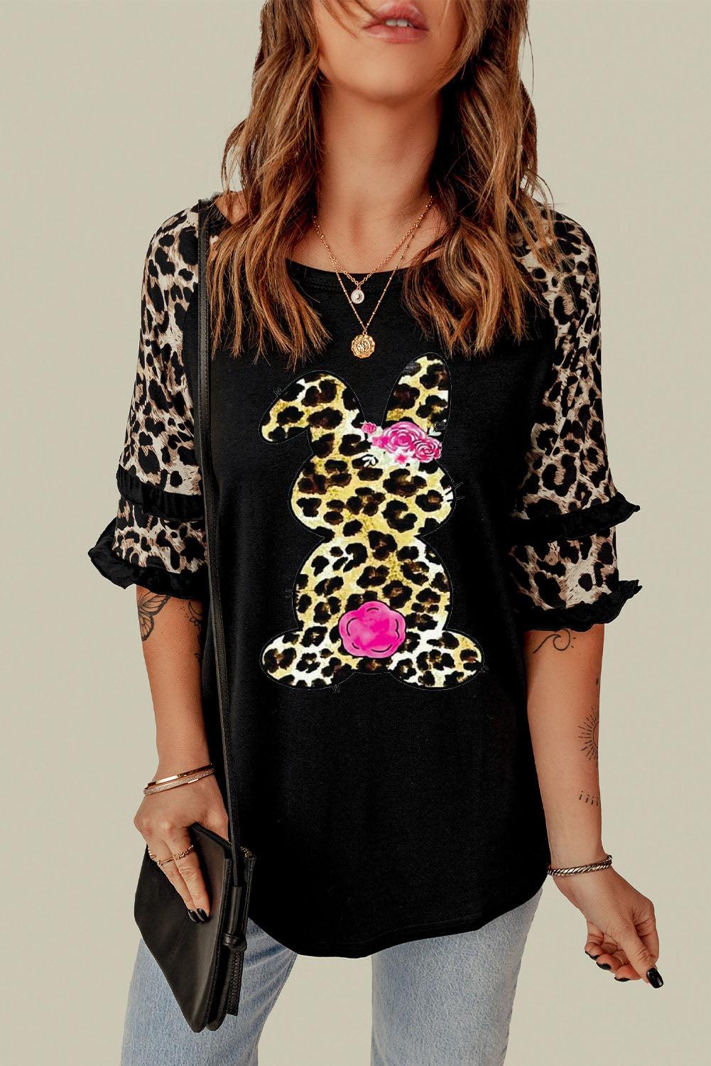 Easter Leopard Frill Trim Half-Sleeve Top BLUE ZONE PLANET