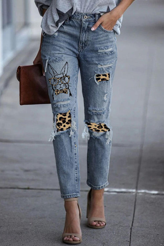 Easter Leopard Patch Bunny Graphic Jeans-TOPS / DRESSES-[Adult]-[Female]-2022 Online Blue Zone Planet