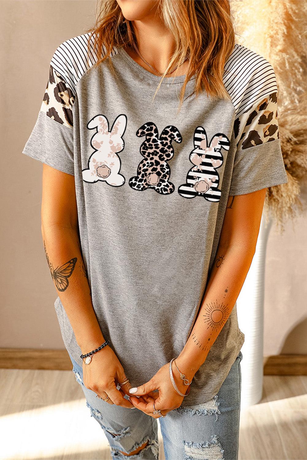 Easter Rabbit Graphic Striped Leopard Raglan Sleeve Tee-TOPS / DRESSES-[Adult]-[Female]-Gray-S-2022 Online Blue Zone Planet