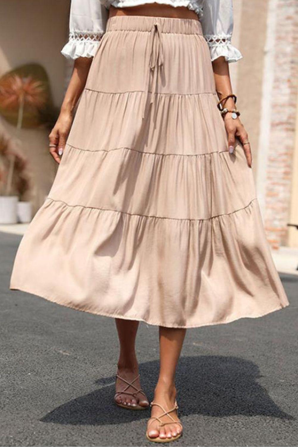 Elastic Waist Tiered Midi Skirt BLUE ZONE PLANET