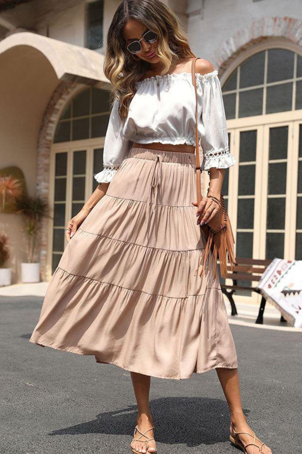 Elastic Waist Tiered Midi Skirt BLUE ZONE PLANET