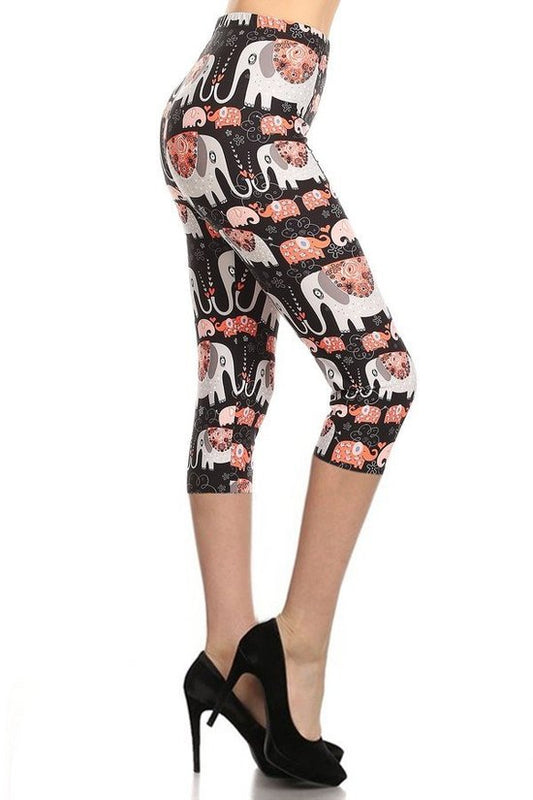 Elephants Printed, High Waisted Capri Leggings In A Fitted Style With An Elastic Waistband Blue Zone Planet