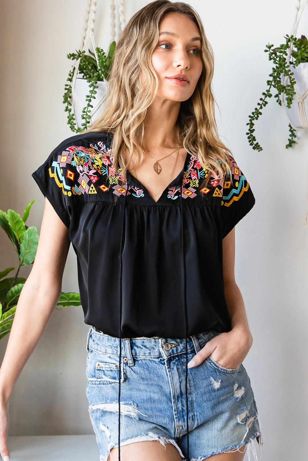 Embroidered Tie-Neck Tassel Blouse BLUE ZONE PLANET