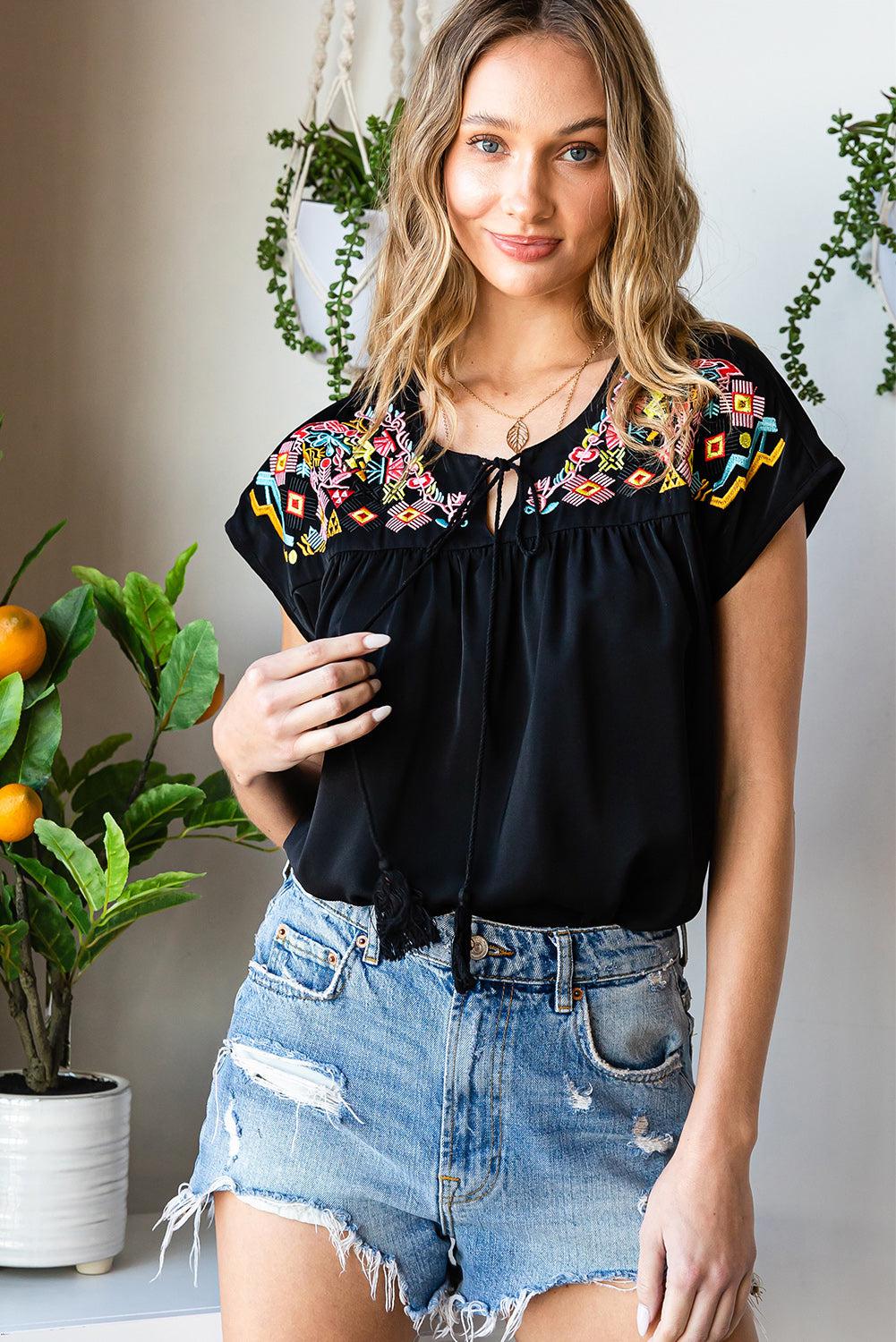 Embroidered Tie-Neck Tassel Blouse BLUE ZONE PLANET