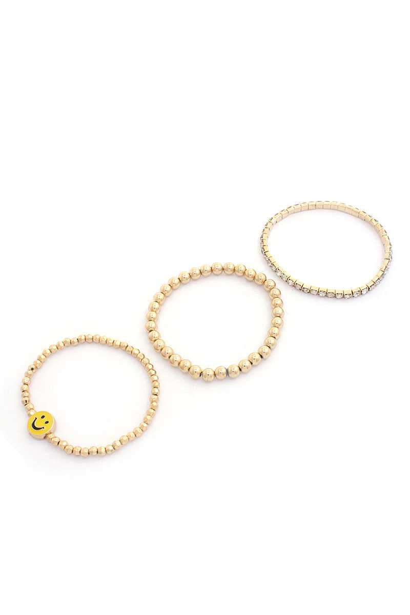Enamel Happy Face Charm Rhinestone Ball Bead Bracelet Set-[Adult]-[Female]-Gold-Blue Zone Planet