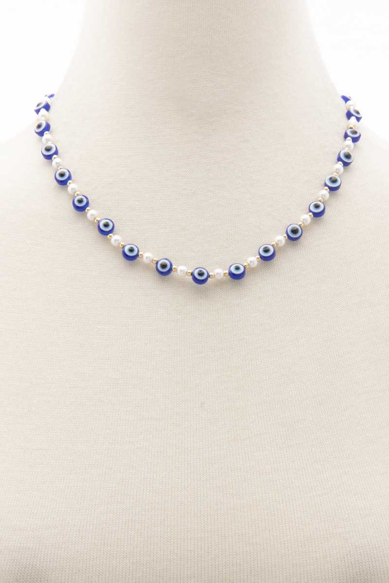 Evil Eye Pearl Bead Necklace-[Adult]-[Female]-Blue Zone Planet