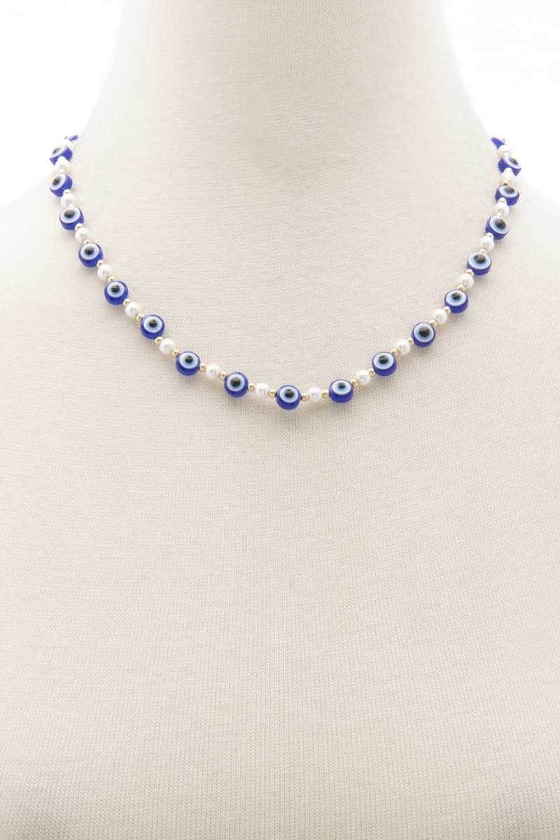 Evil Eye Pearl Bead Necklace Blue Zone Planet