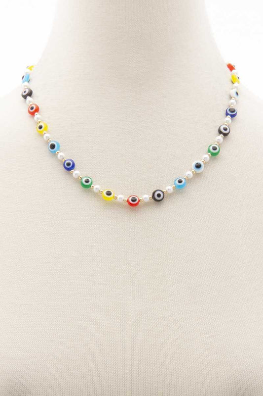 Evil Eye Pearl Bead Necklace Blue Zone Planet