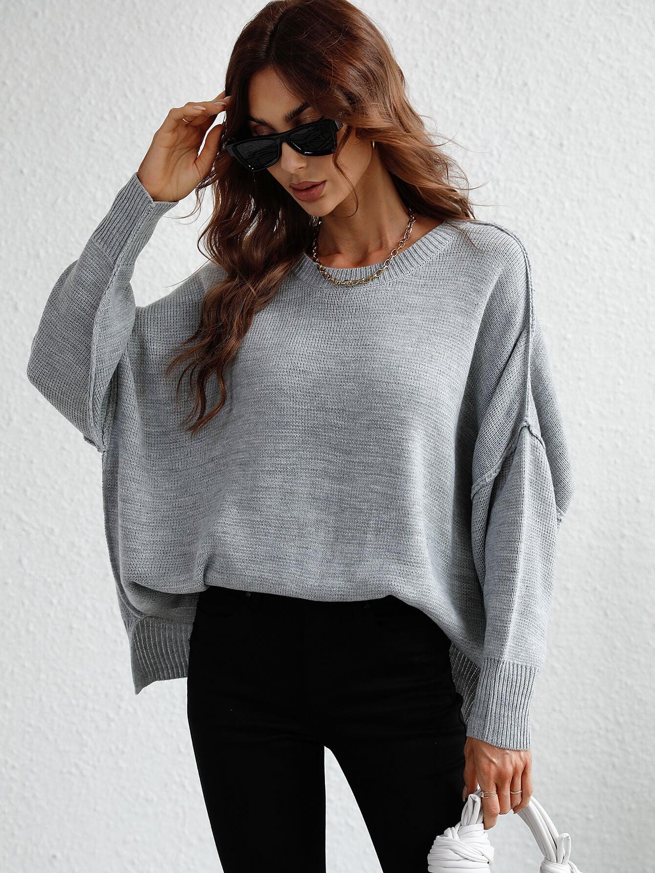 Exposed Seam Dropped Shoulder Slit Sweater-TOPS / DRESSES-[Adult]-[Female]-2022 Online Blue Zone Planet