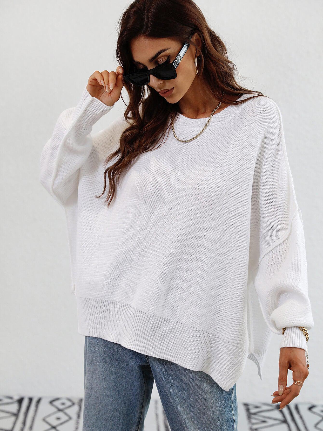 Exposed Seam Dropped Shoulder Slit Sweater-TOPS / DRESSES-[Adult]-[Female]-2022 Online Blue Zone Planet