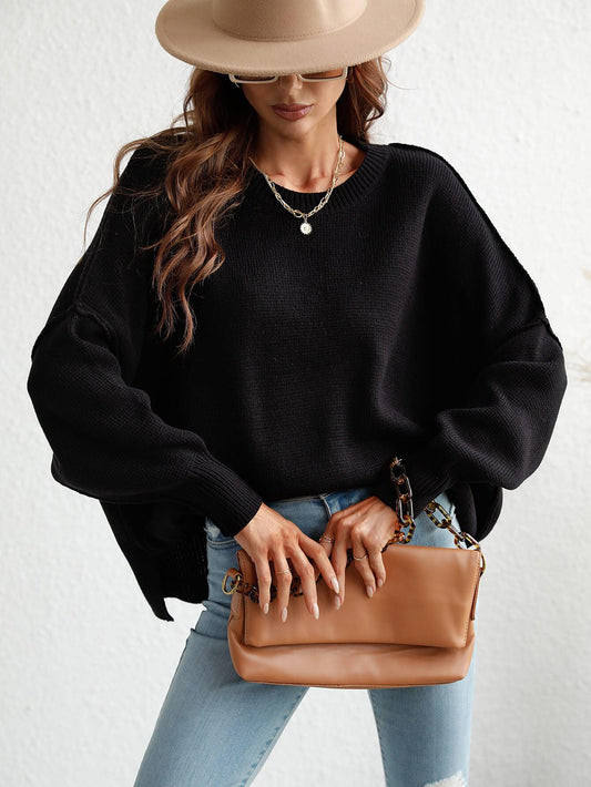 Exposed Seam Dropped Shoulder Slit Sweater BLUE ZONE PLANET