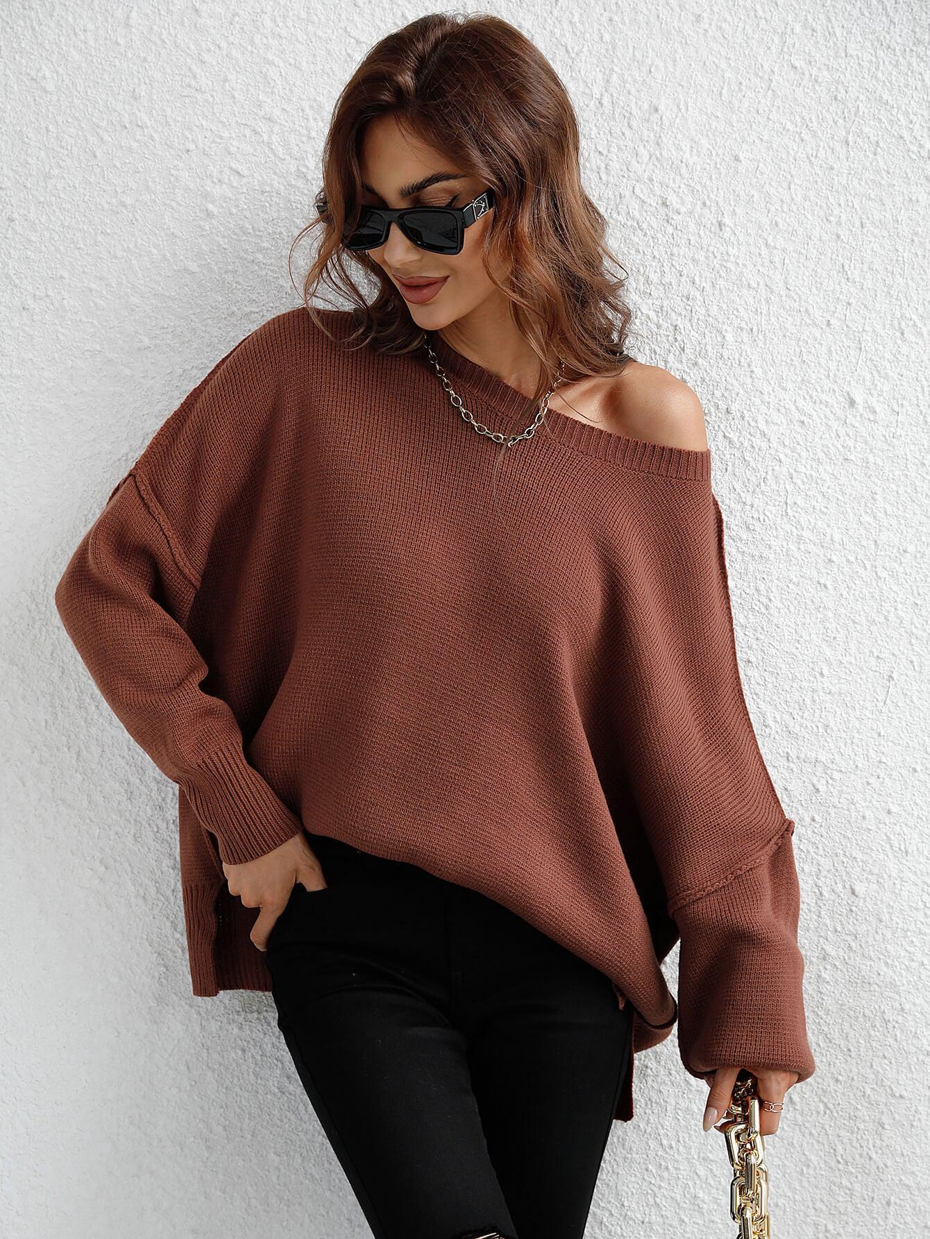 Exposed Seam Dropped Shoulder Slit Sweater-TOPS / DRESSES-[Adult]-[Female]-Brown-S-2022 Online Blue Zone Planet