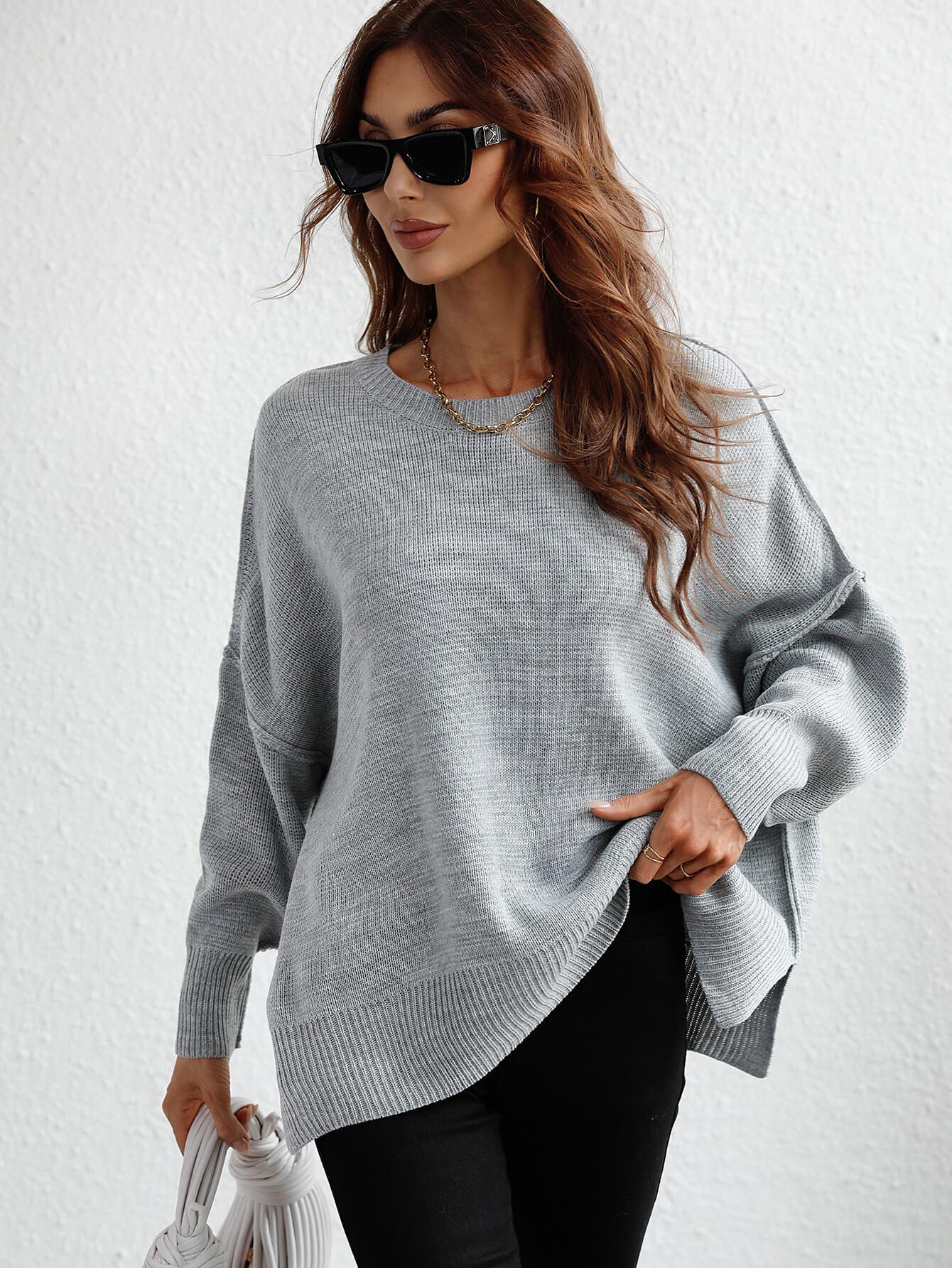 Exposed Seam Dropped Shoulder Slit Sweater-TOPS / DRESSES-[Adult]-[Female]-Gray-S-2022 Online Blue Zone Planet