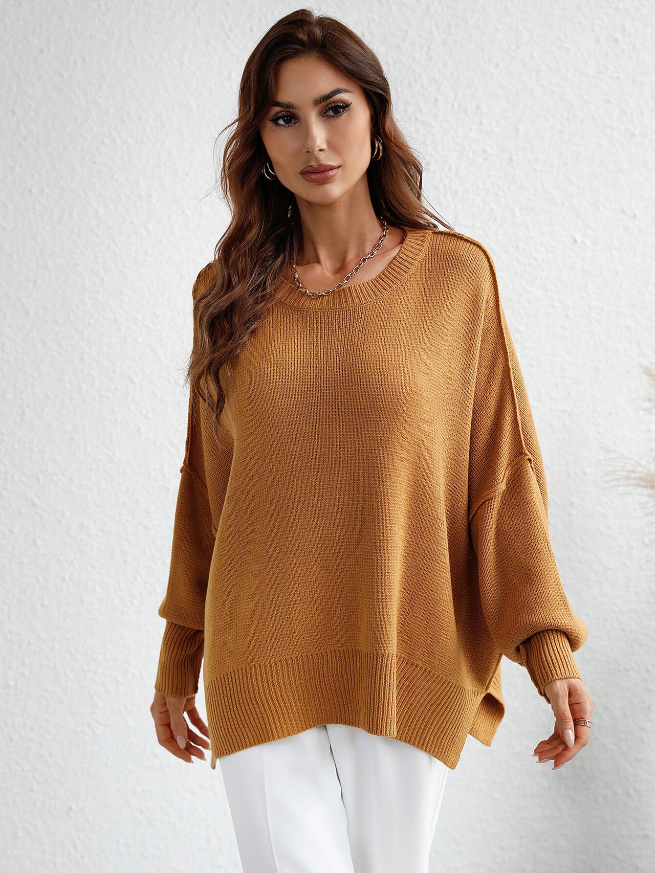 Exposed Seam Dropped Shoulder Slit Sweater-TOPS / DRESSES-[Adult]-[Female]-Mustard-S-2022 Online Blue Zone Planet