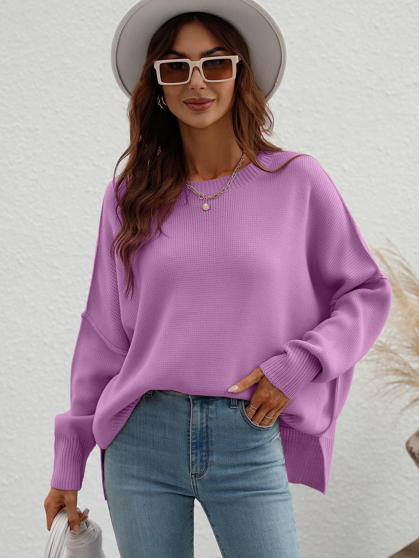 Exposed Seam Dropped Shoulder Slit Sweater-TOPS / DRESSES-[Adult]-[Female]-Purple-S-2022 Online Blue Zone Planet