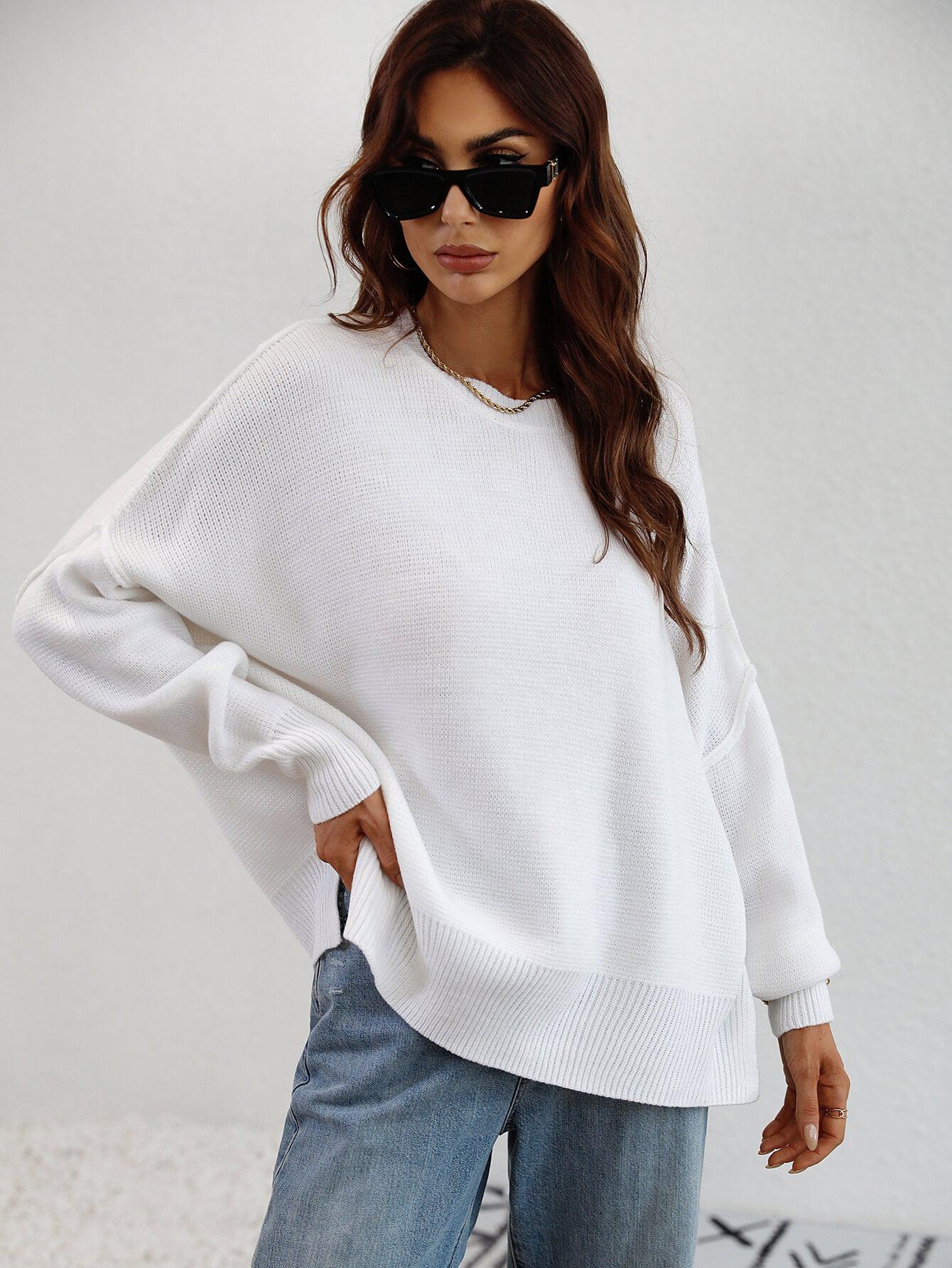 Exposed Seam Dropped Shoulder Slit Sweater-TOPS / DRESSES-[Adult]-[Female]-White-S-2022 Online Blue Zone Planet