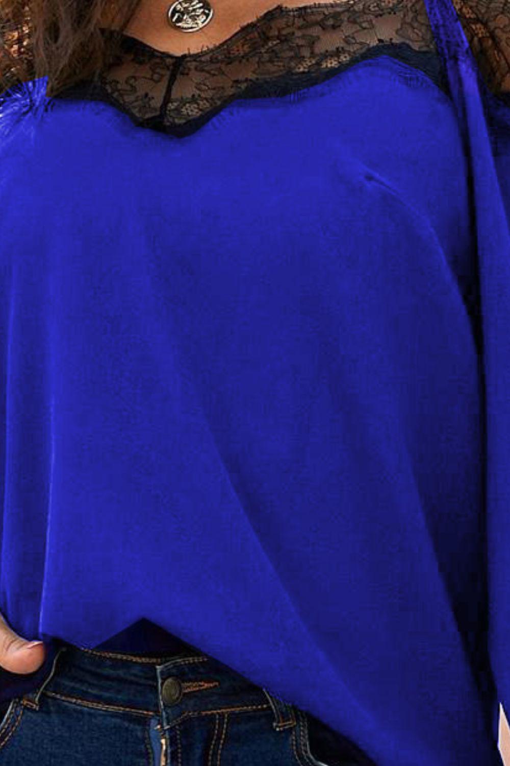 Eyelash Trim Spliced Lace Cold-Shoulder Top BLUE ZONE PLANET