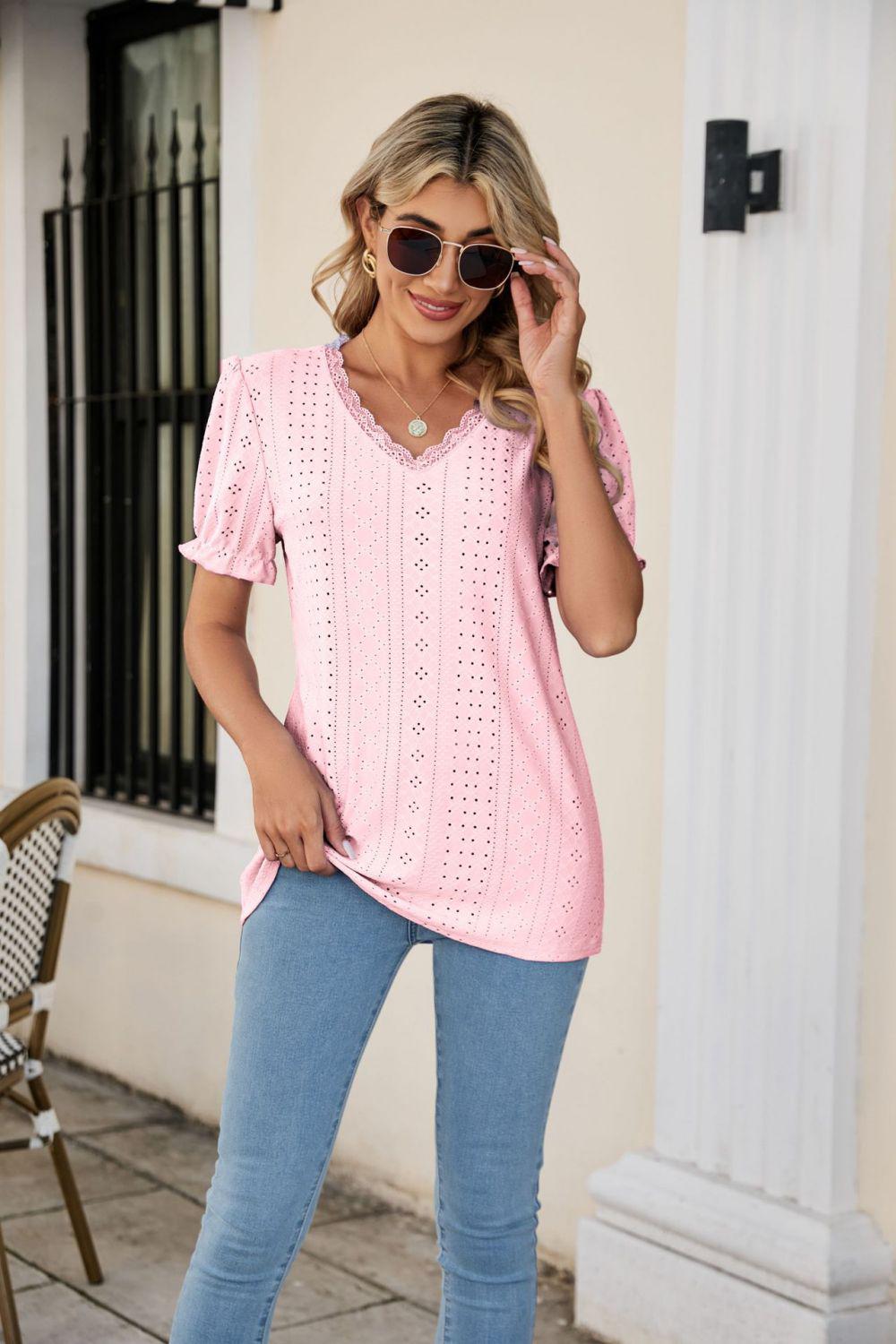 Eyelet Flounce Sleeve Scalloped V-Neck Top BLUE ZONE PLANET