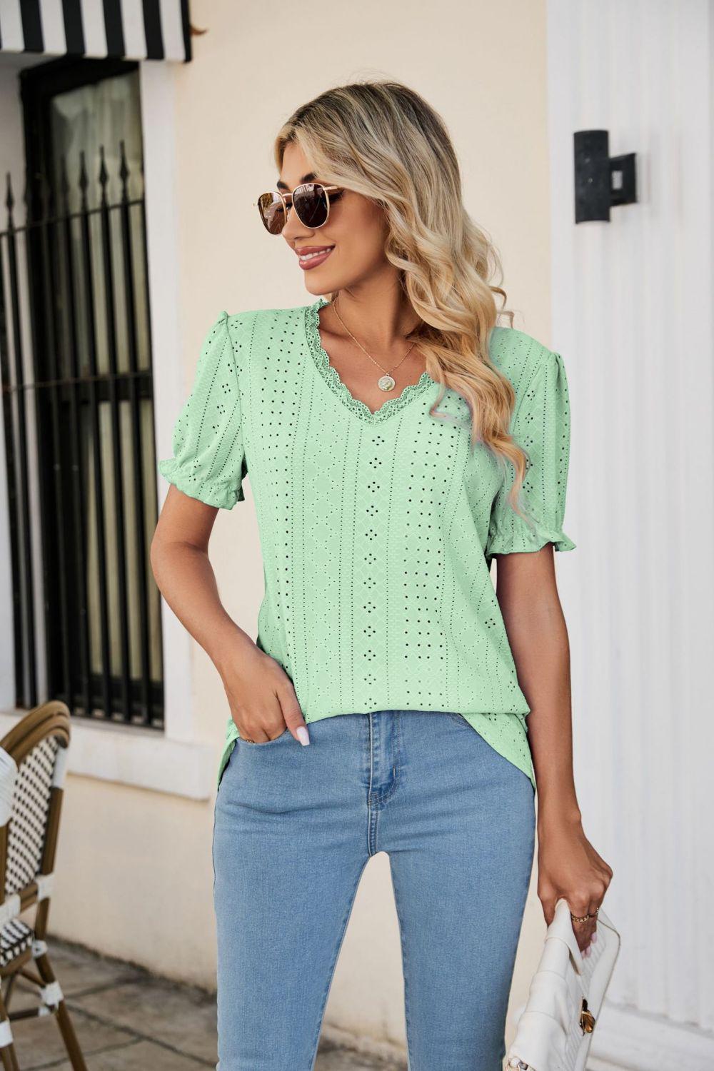 Eyelet Flounce Sleeve Scalloped V-Neck Top BLUE ZONE PLANET