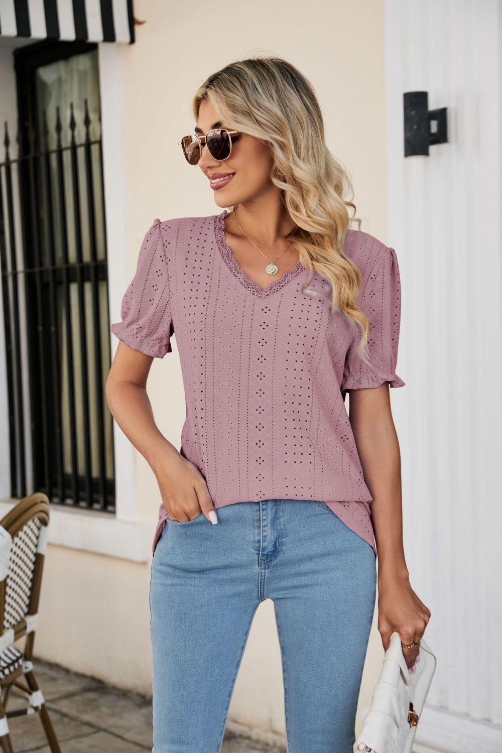 Eyelet Flounce Sleeve Scalloped V-Neck Top BLUE ZONE PLANET