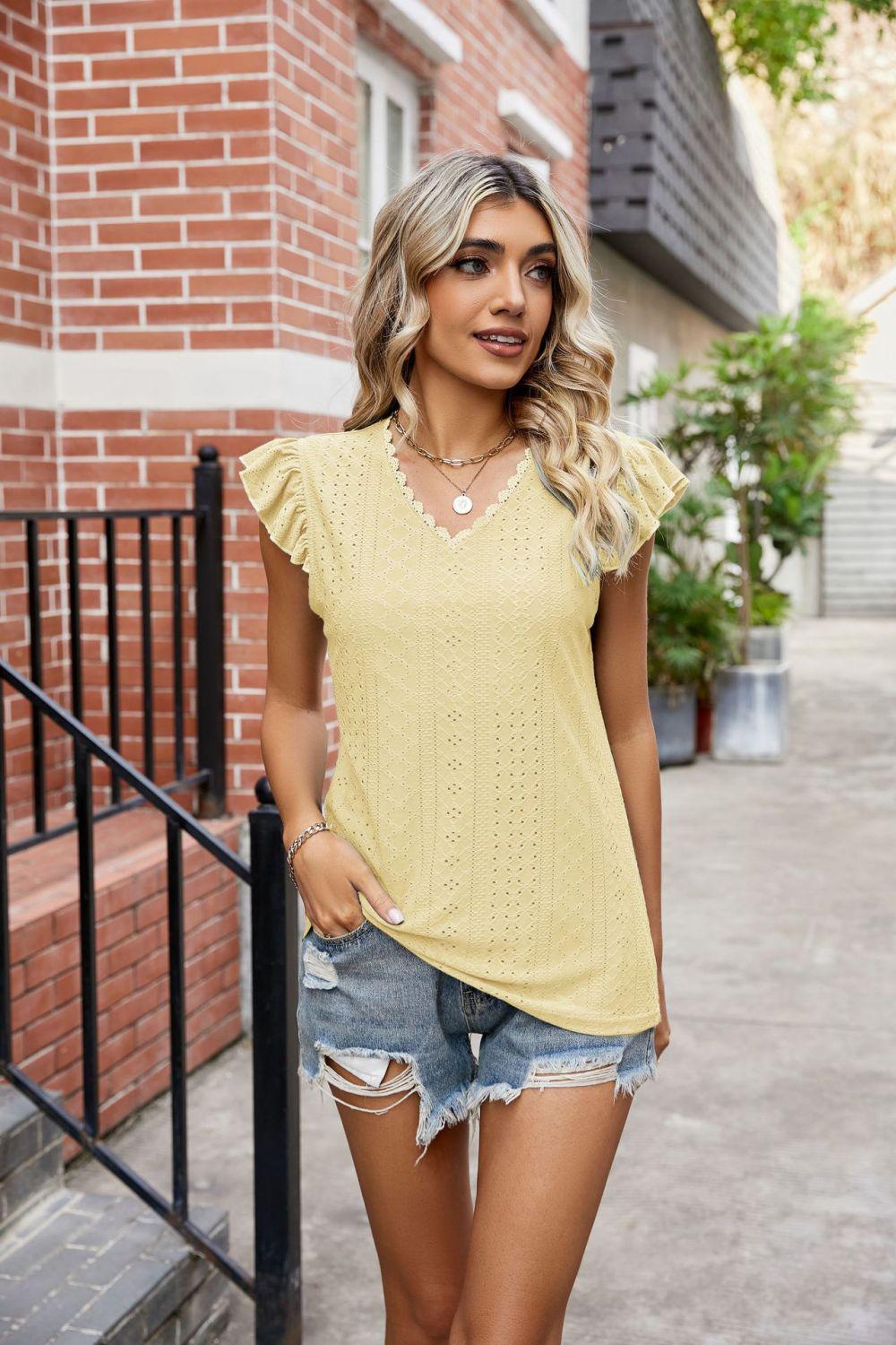 Eyelet Flutter Sleeve Scalloped V-Neck Top BLUE ZONE PLANET