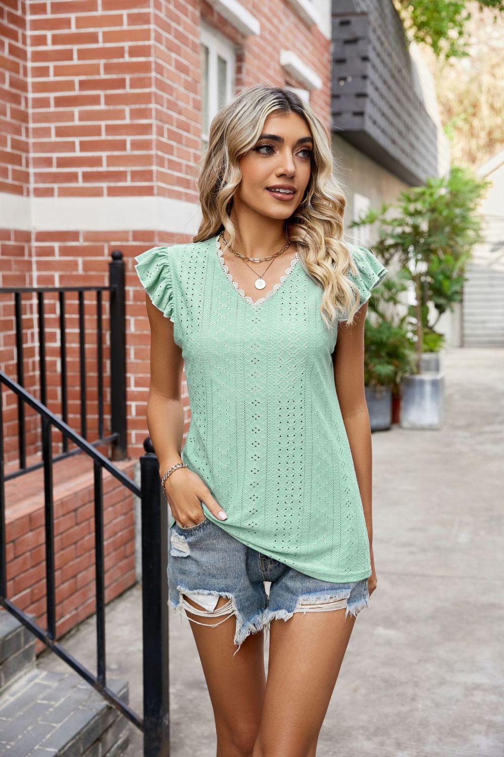 Eyelet Flutter Sleeve Scalloped V-Neck Top BLUE ZONE PLANET