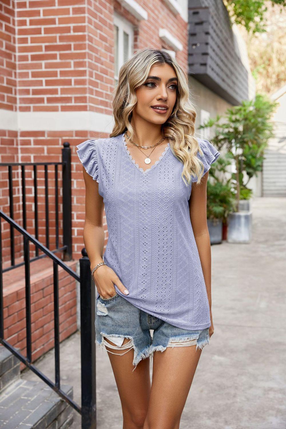 Eyelet Flutter Sleeve Scalloped V-Neck Top BLUE ZONE PLANET